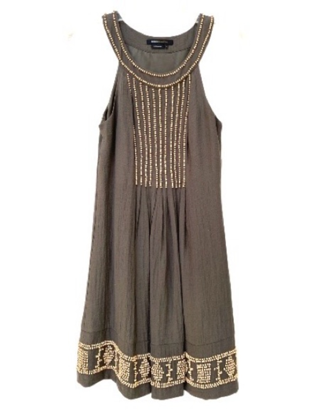 BCBGMaxAzria Textured Boho Earthy Olive Green Wood Beaded Sheath Dress Size 2